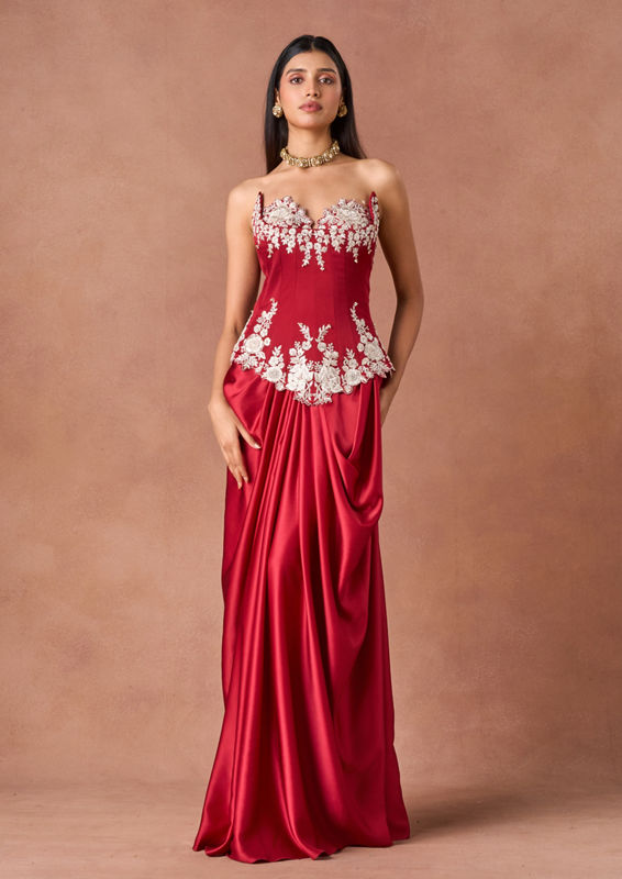 Twamev Women Crimson Floral Embroidered Indo Western