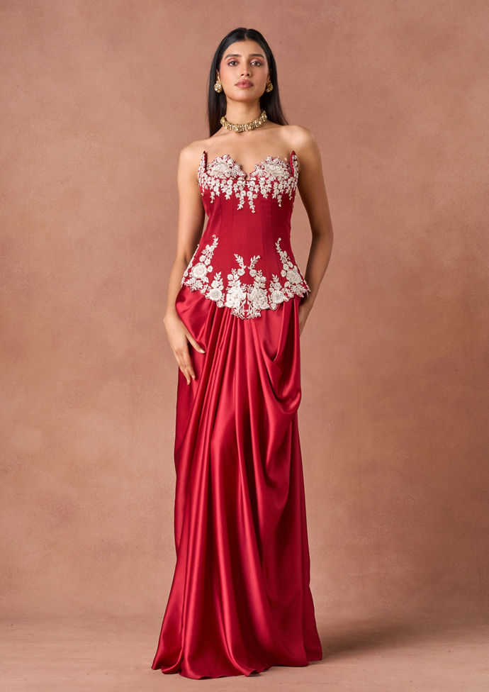 Twamev Women Crimson Floral Embroidered Indo Western