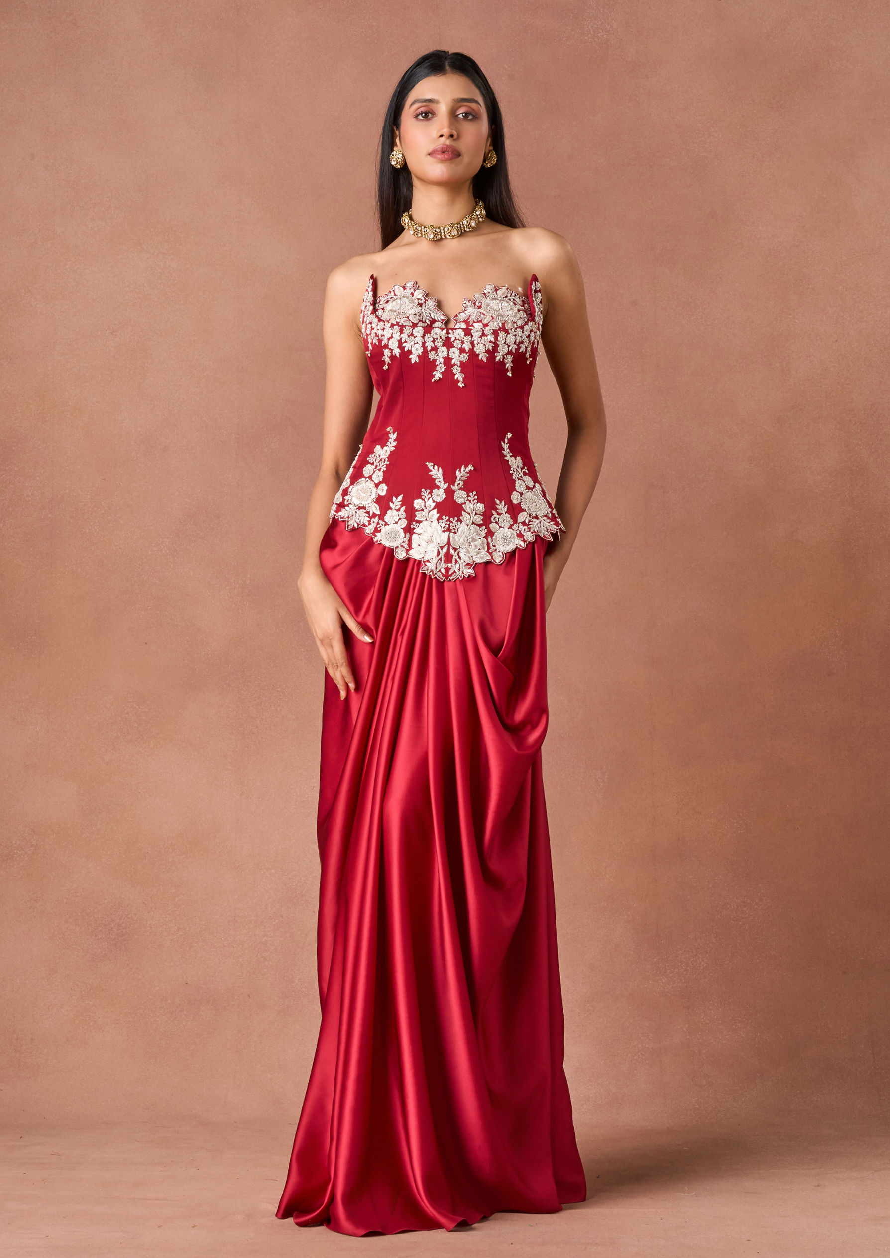 Twamev Women Crimson Floral Embroidered Indo Western