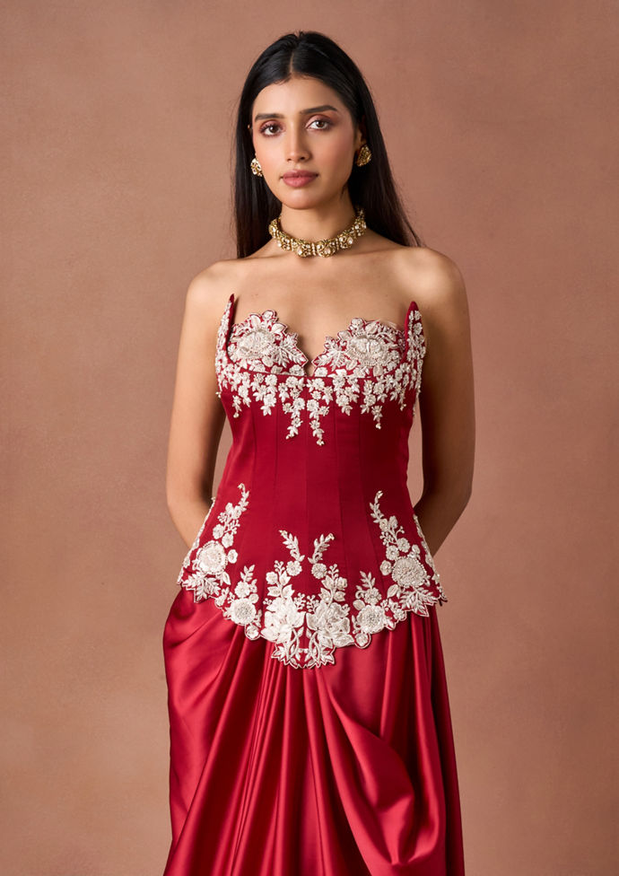 Twamev Women Crimson Floral Embroidered Indo Western