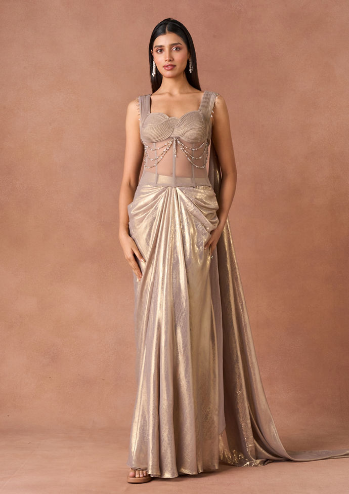 Twamev Women Champagne Metallic Draped Indo Western