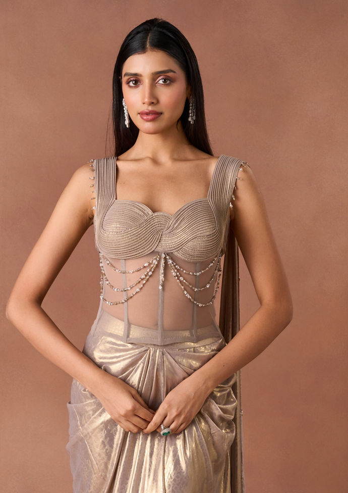 Twamev Women Champagne Metallic Draped Indo Western