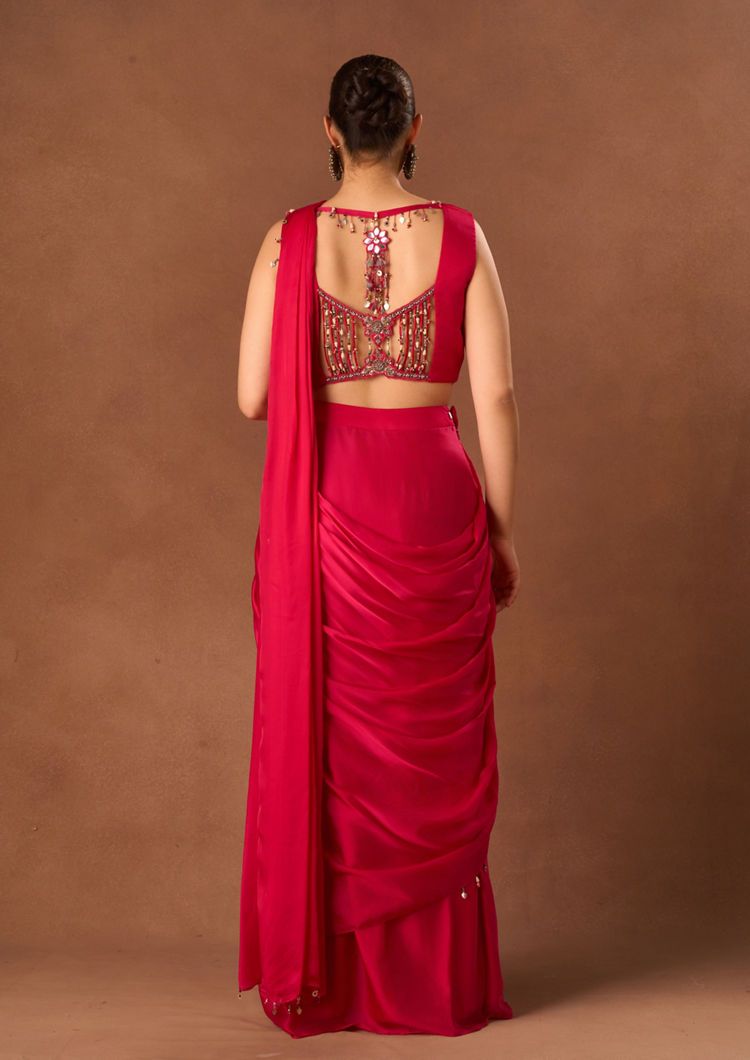 Twamev Women Pink Satin Saree with Embroidery