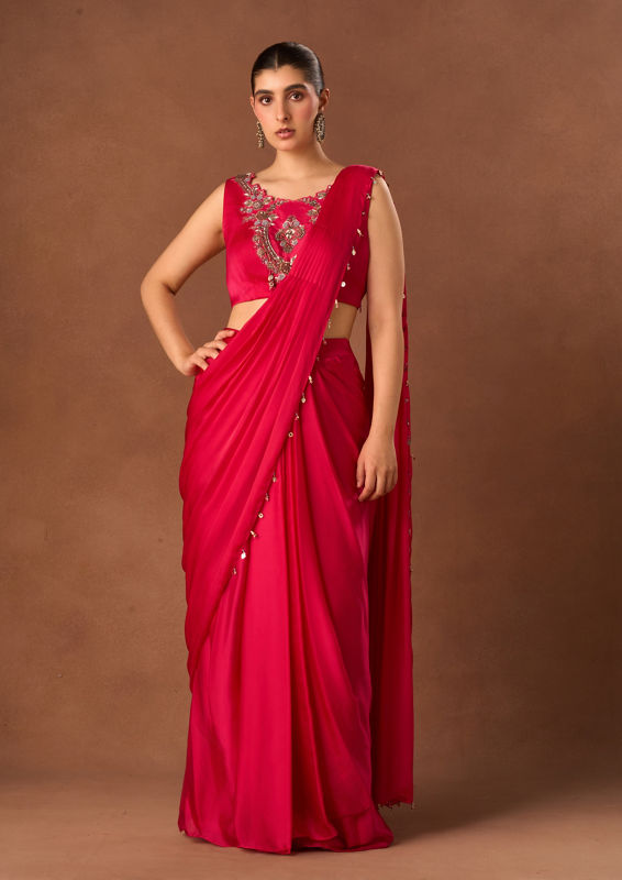 Twamev Women Pink Satin Saree with Embroidery