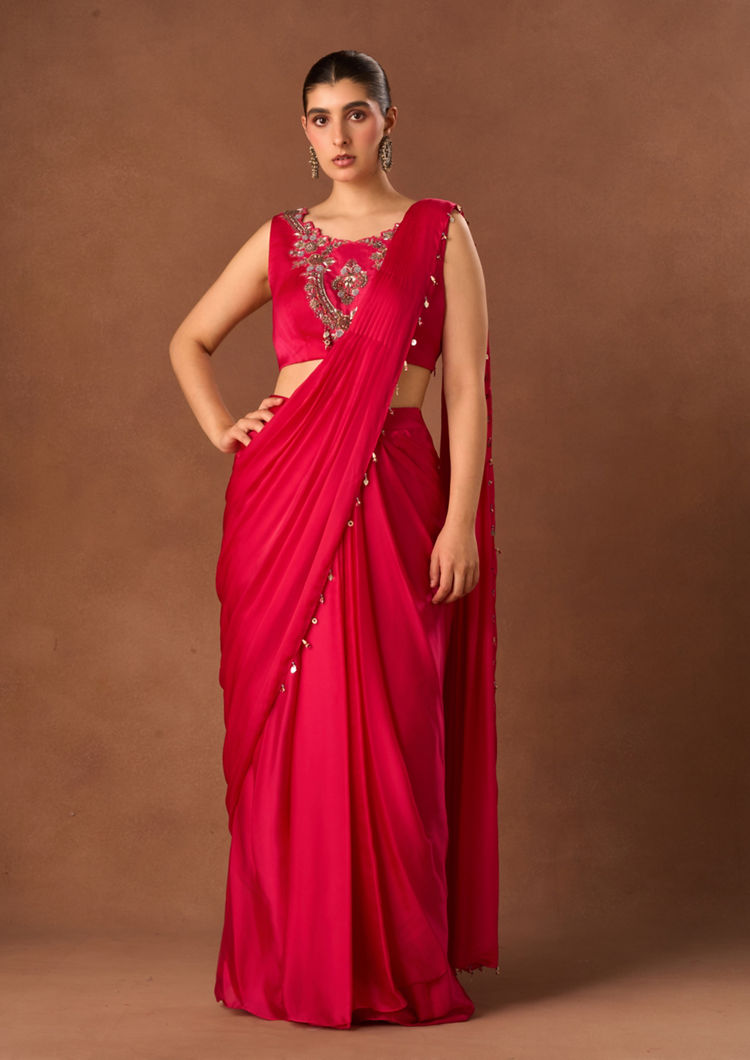Twamev Women Pink Satin Saree with Embroidery