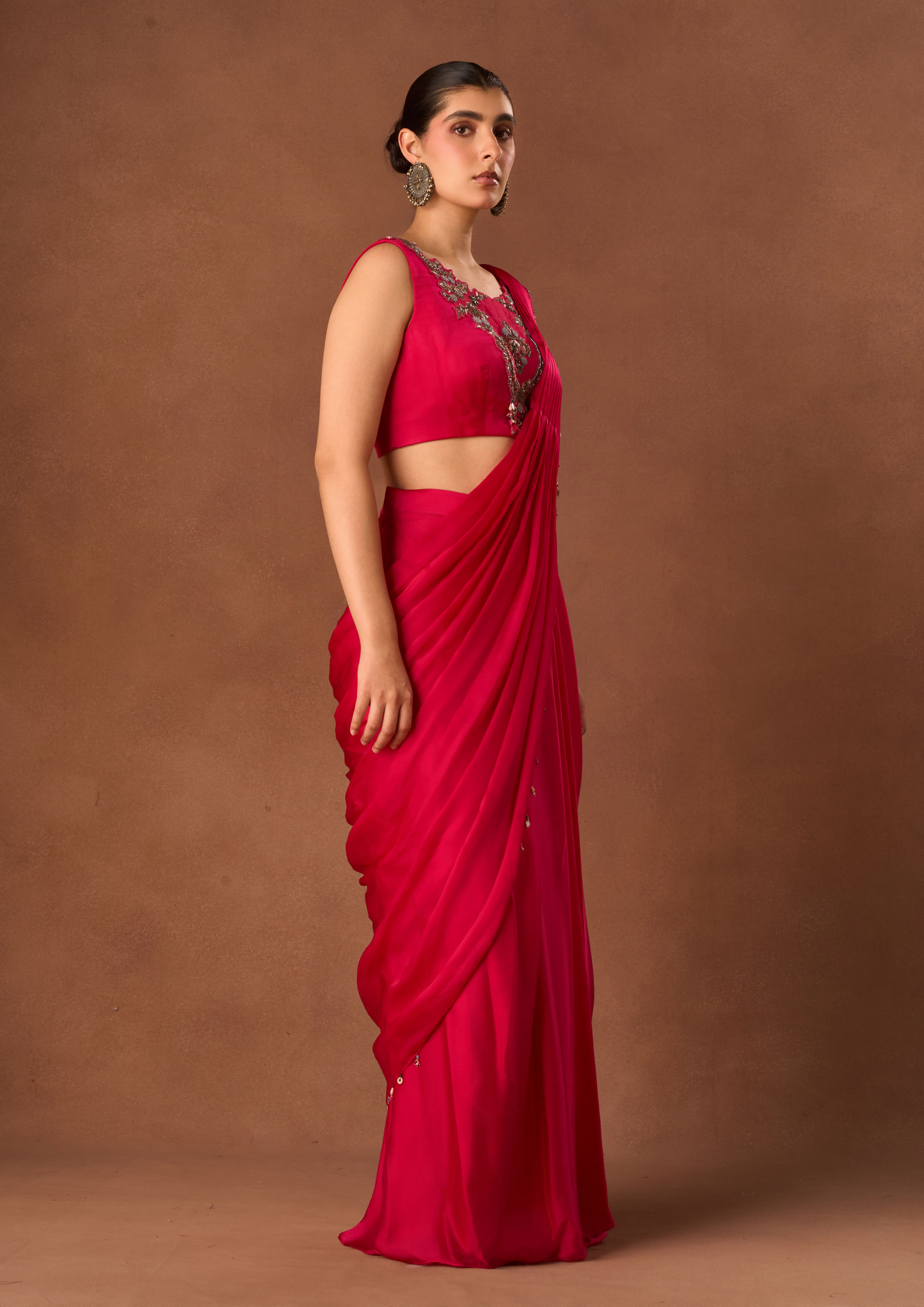 Twamev Women Pink Satin Saree with Embroidery