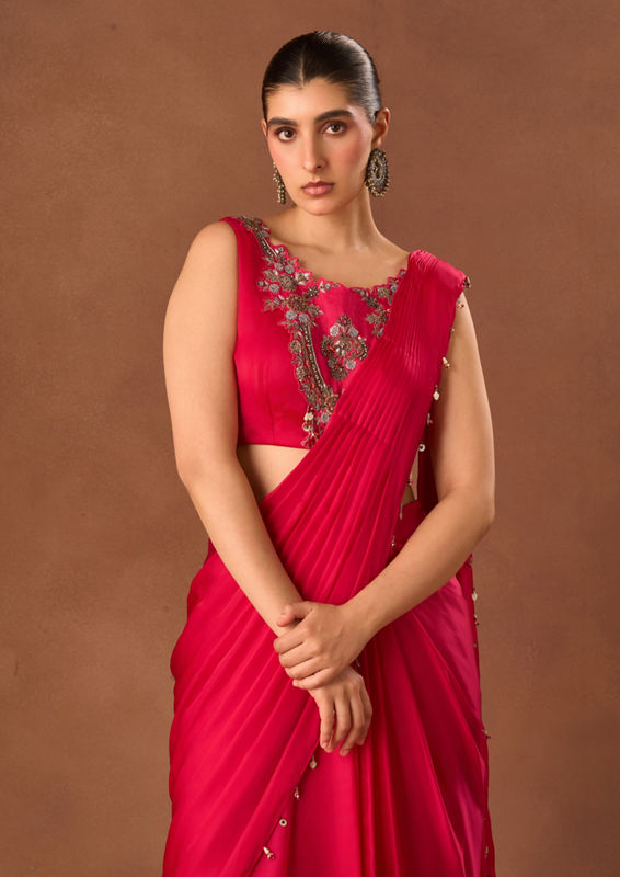 Twamev Women Pink Satin Saree with Embroidery