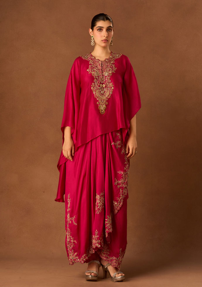 Twamev Women Pink Chinon Indo Western Top with Embroidery