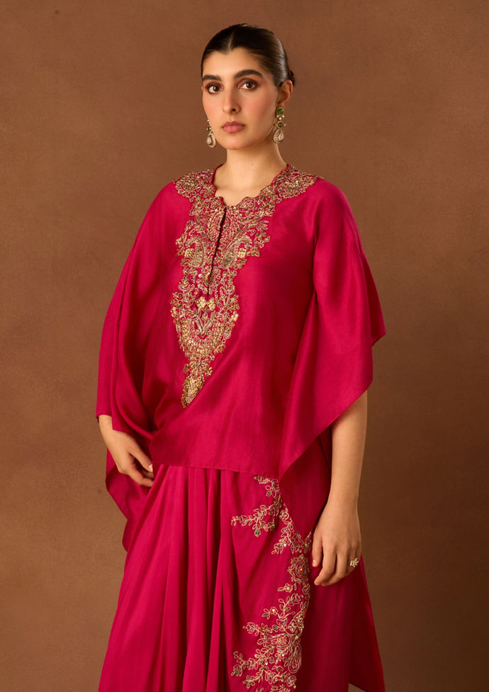 Twamev Women Pink Chinon Indo Western Top with Embroidery