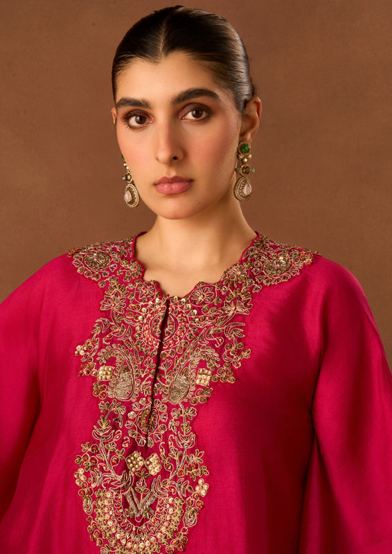 Twamev Women Pink Chinon Indo Western Top with Embroidery