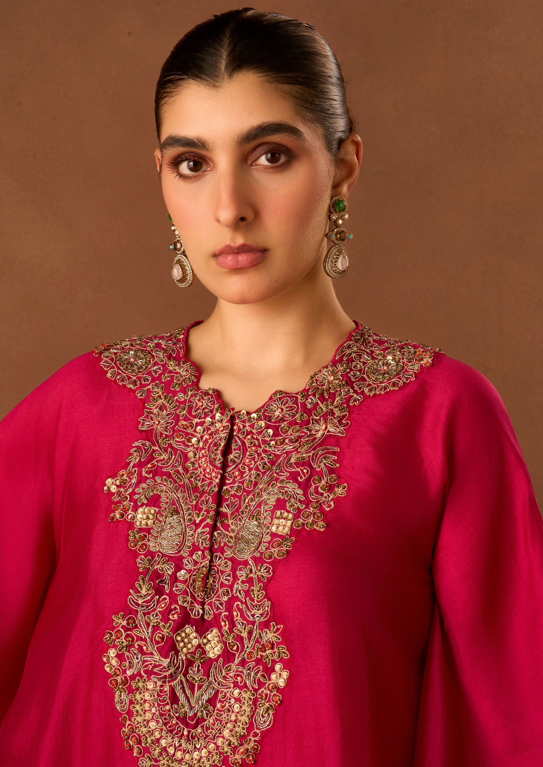 Twamev Women Pink Chinon Indo Western Top with Embroidery
