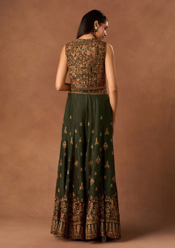 Twamev Women Green Chinon Indo Western Jacket with Embroidery