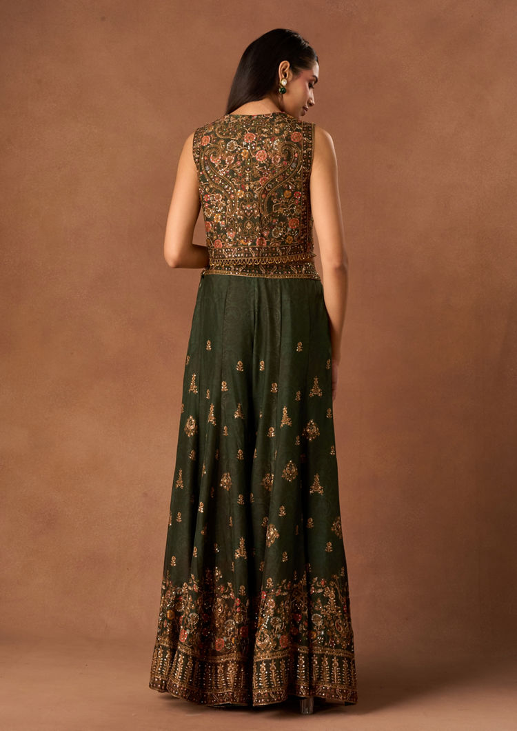 Twamev Women Green Chinon Indo Western Jacket with Embroidery