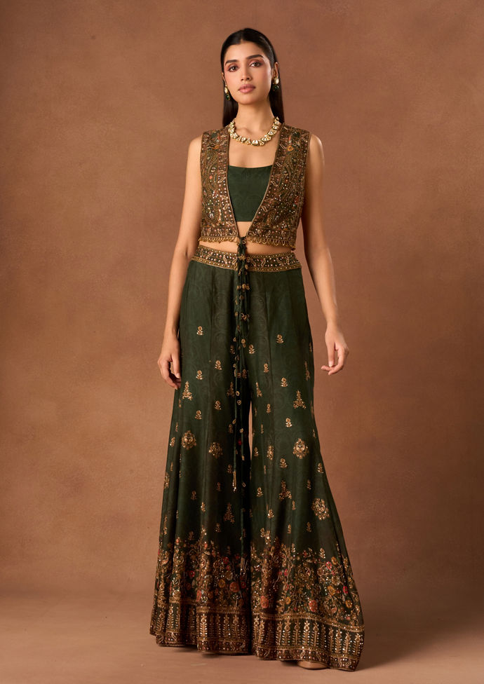 Twamev Women Green Chinon Indo Western Jacket with Embroidery