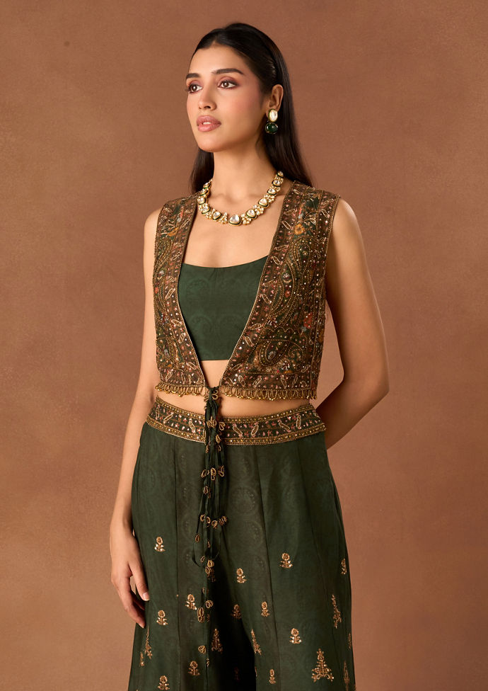 Twamev Women Green Chinon Indo Western Jacket with Embroidery