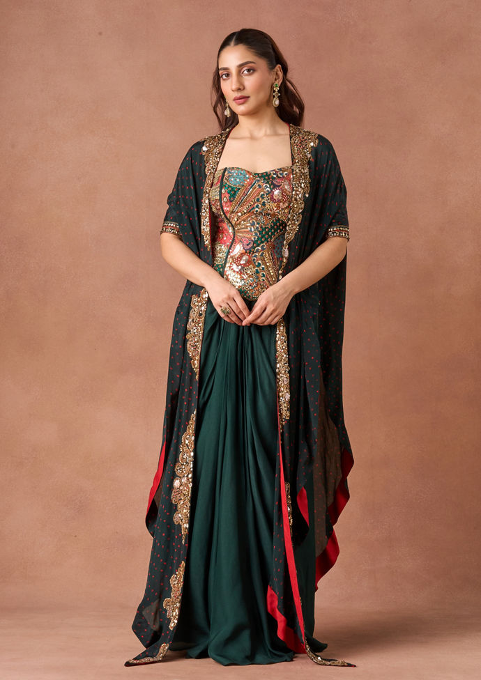 Twamev Women Emerald Draped Embroidered Indo Western