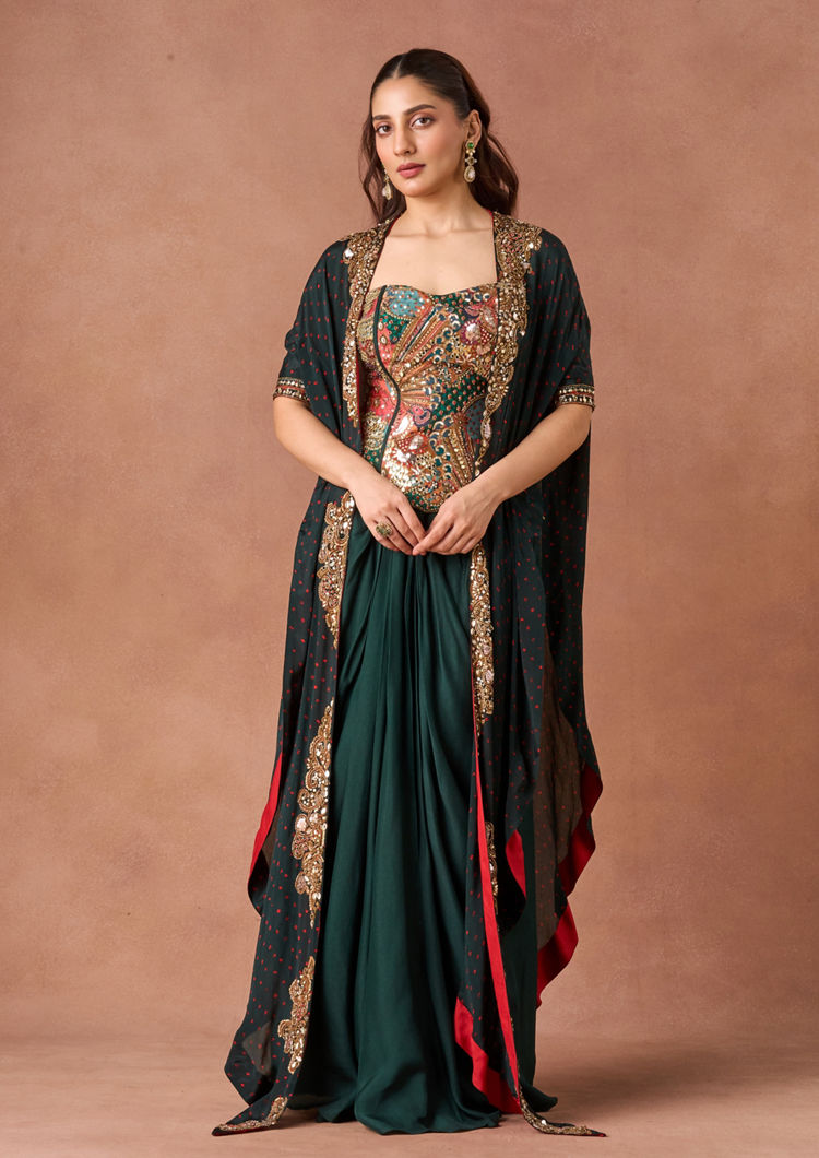 Twamev Women Emerald Draped Embroidered Indo Western