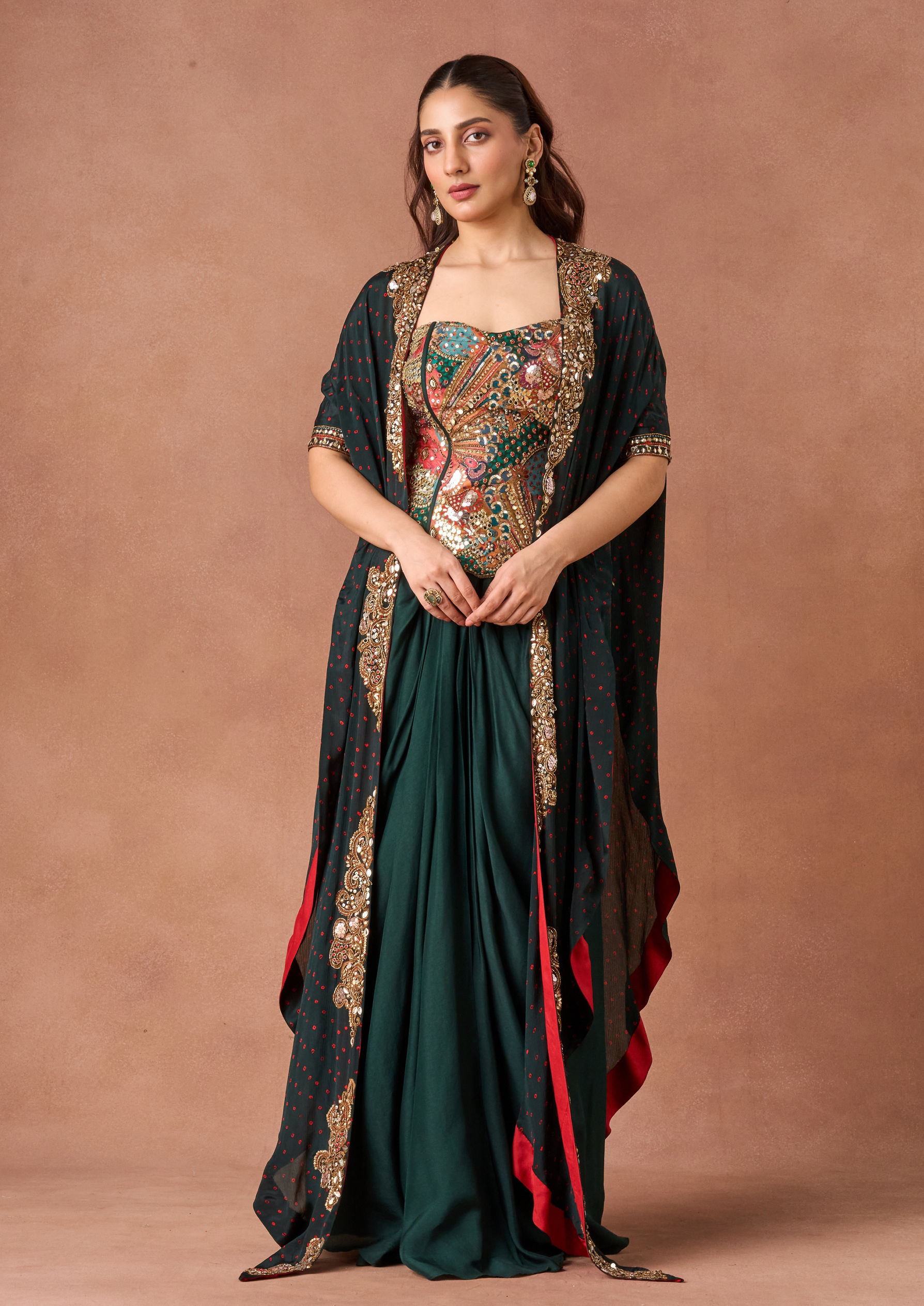 Twamev Women Emerald Draped Embroidered Indo Western
