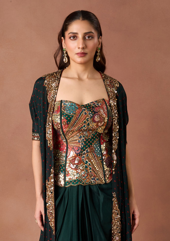 Twamev Women Emerald Draped Embroidered Indo Western