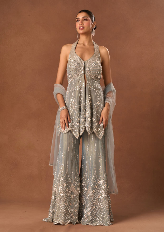 Twamev Women Grey Tissue Indo Western Suit with Embroidery