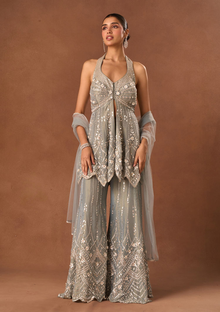 Twamev Women Grey Tissue Indo Western Suit with Embroidery