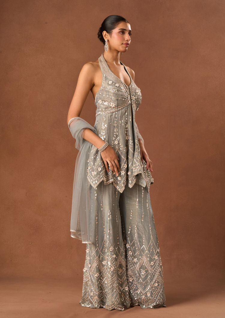 Twamev Women Grey Tissue Indo Western Suit with Embroidery