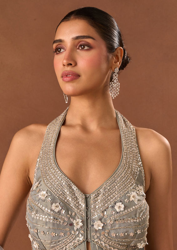 Twamev Women Grey Tissue Indo Western Suit with Embroidery