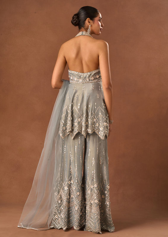 Twamev Women Grey Tissue Indo Western Suit with Embroidery