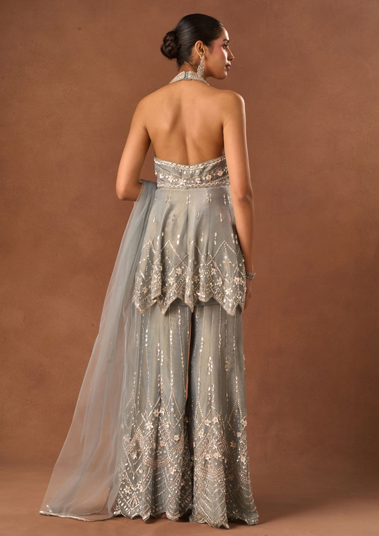Twamev Women Grey Tissue Indo Western Suit with Embroidery