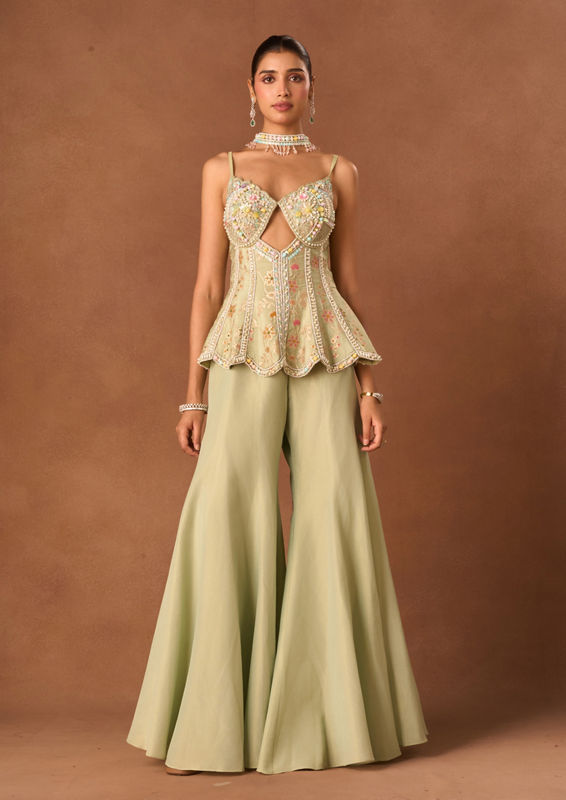 Twamev Women Pista Tissue Suit with Embroidery