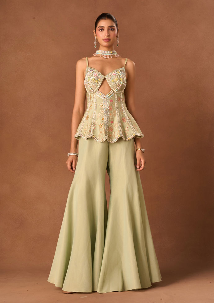 Twamev Women Pista Tissue Suit with Embroidery