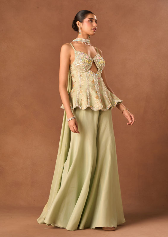 Twamev Women Pista Tissue Suit with Embroidery