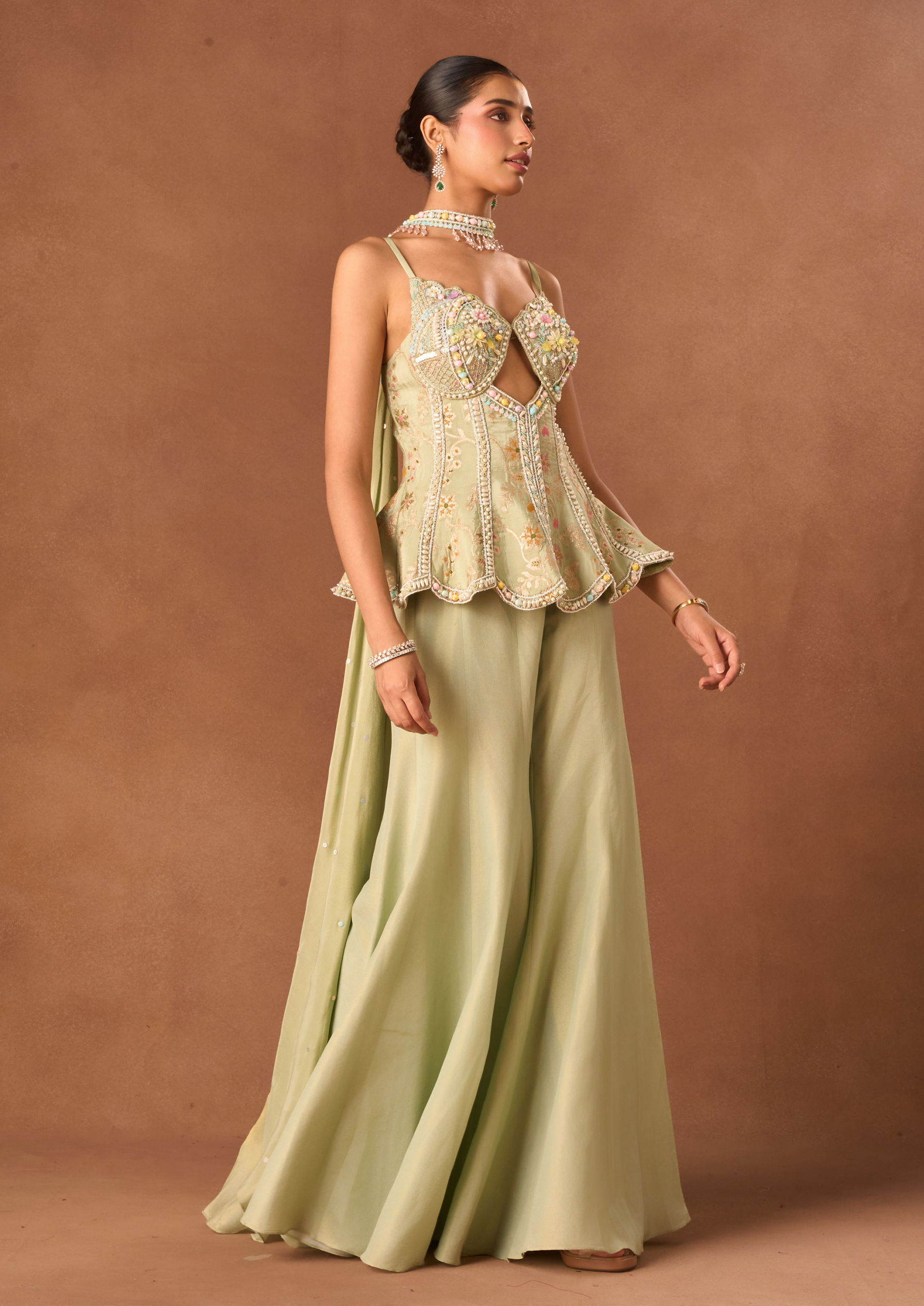 Twamev Women Pista Tissue Suit with Embroidery