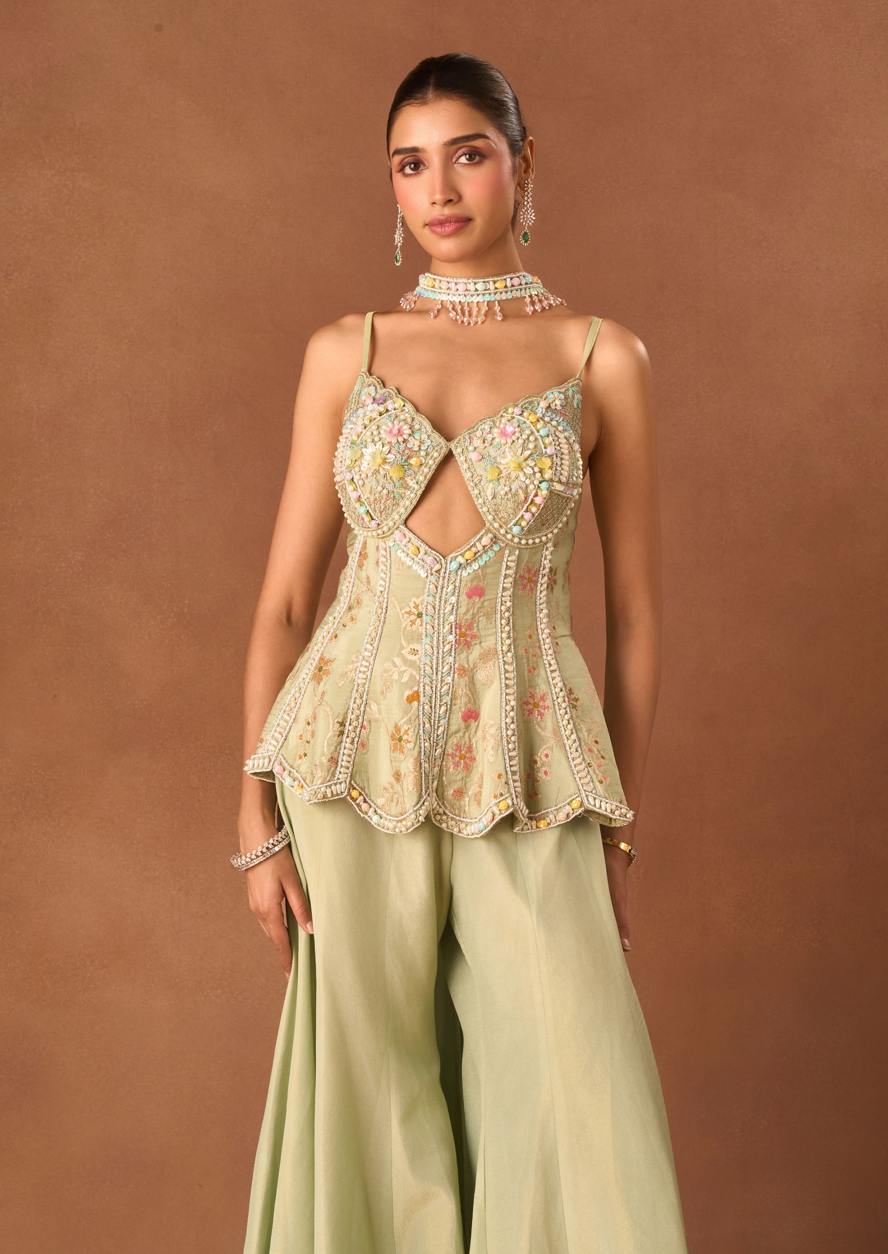 Twamev Women Pista Tissue Suit with Embroidery