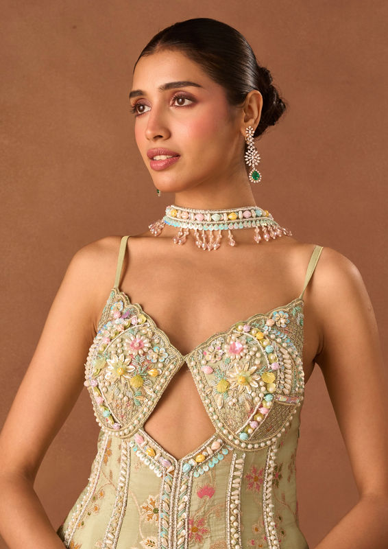 Twamev Women Pista Tissue Suit with Embroidery
