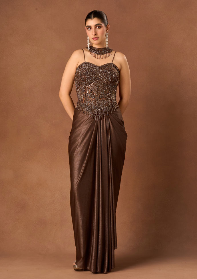 Twamev Women Brown Knit Indo Western Corset with Sequin Work