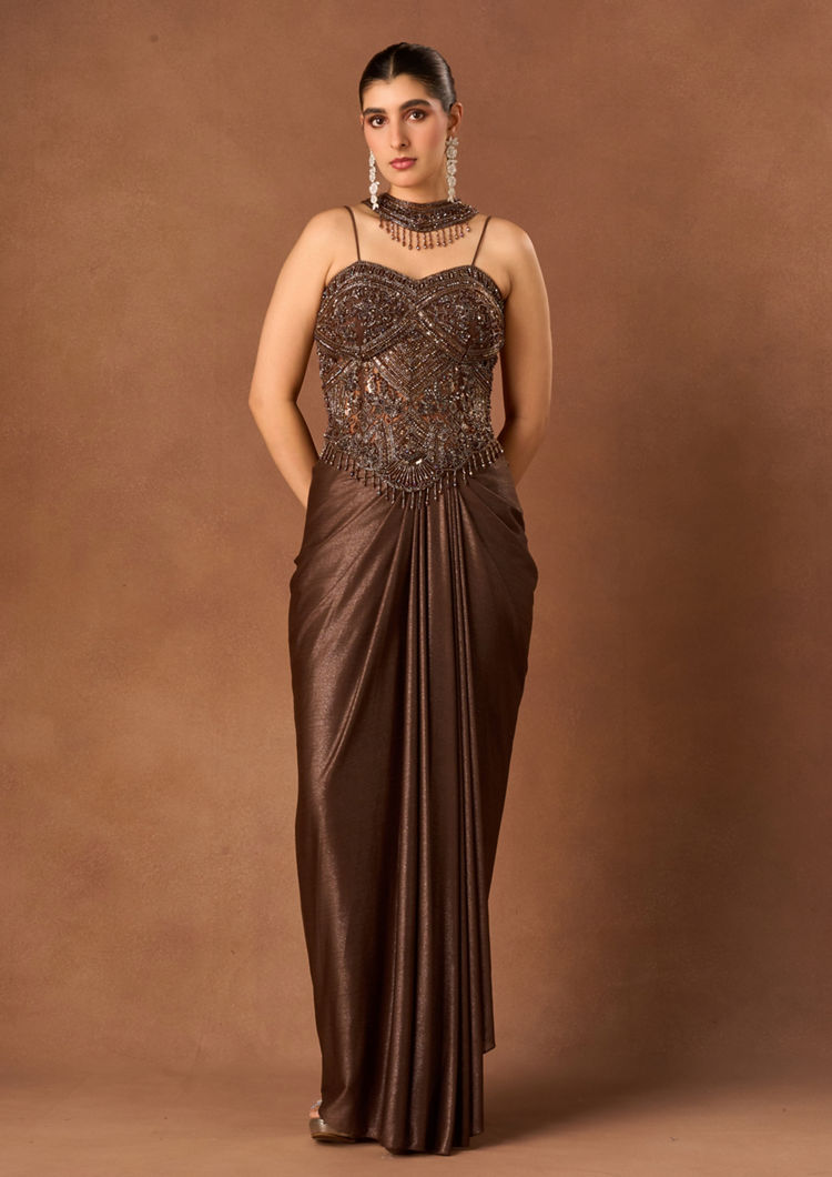 Twamev Women Brown Knit Indo Western Corset with Sequin Work