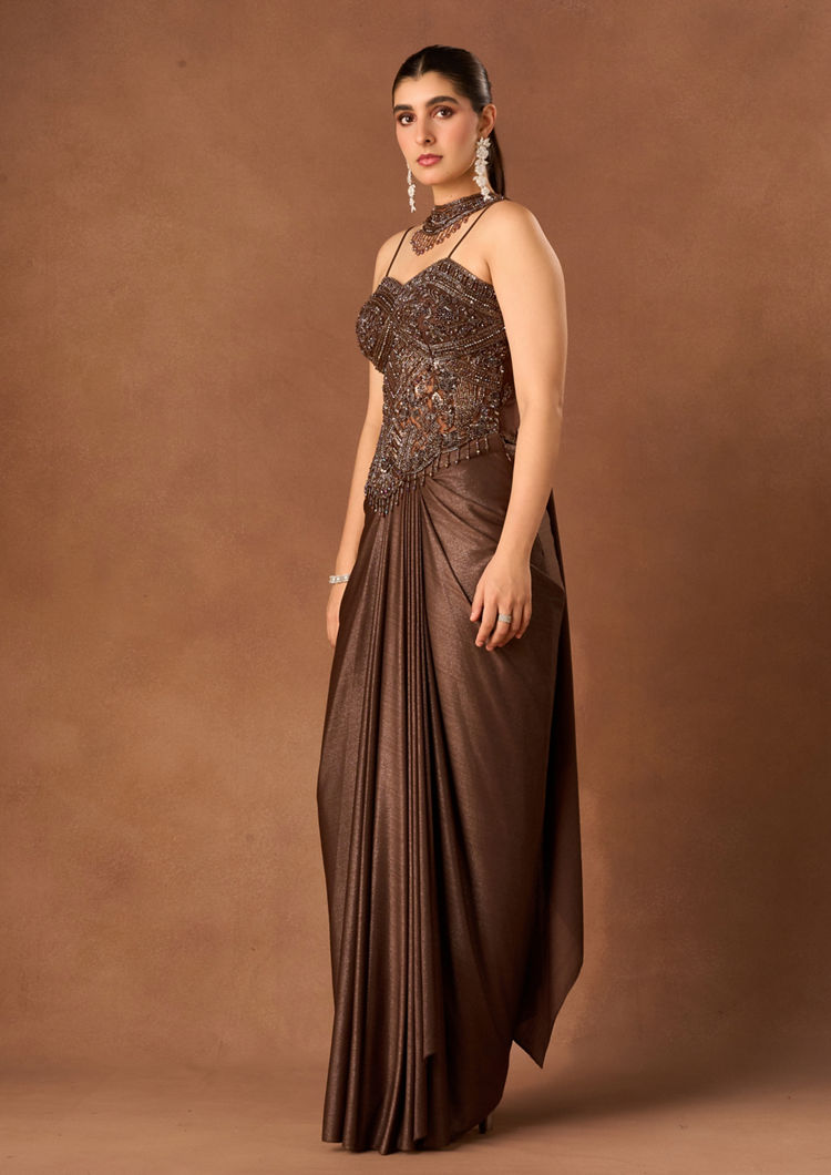 Twamev Women Brown Knit Indo Western Corset with Sequin Work