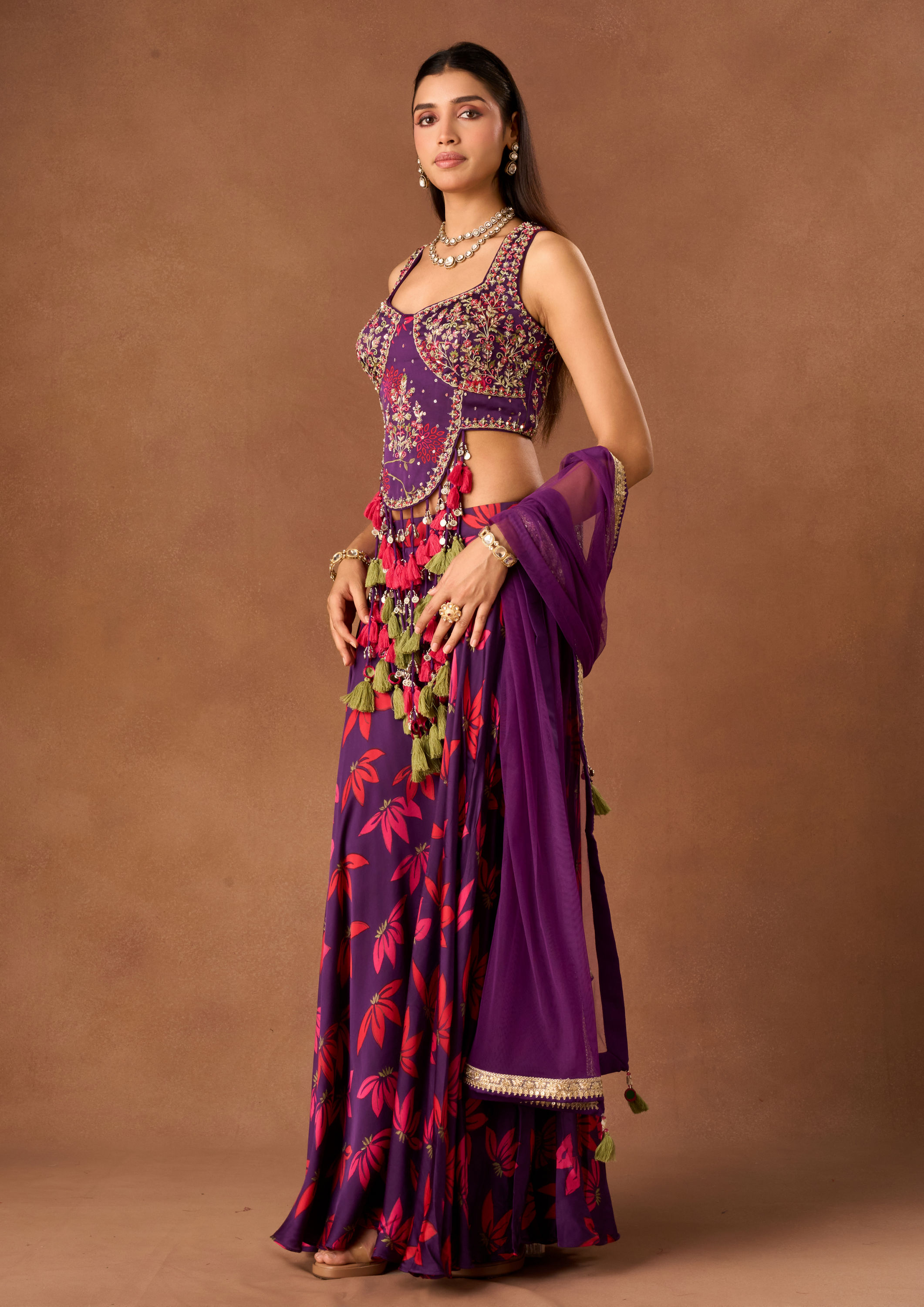 Twamev Women Purple Chinon Lehenga with Embroidery
