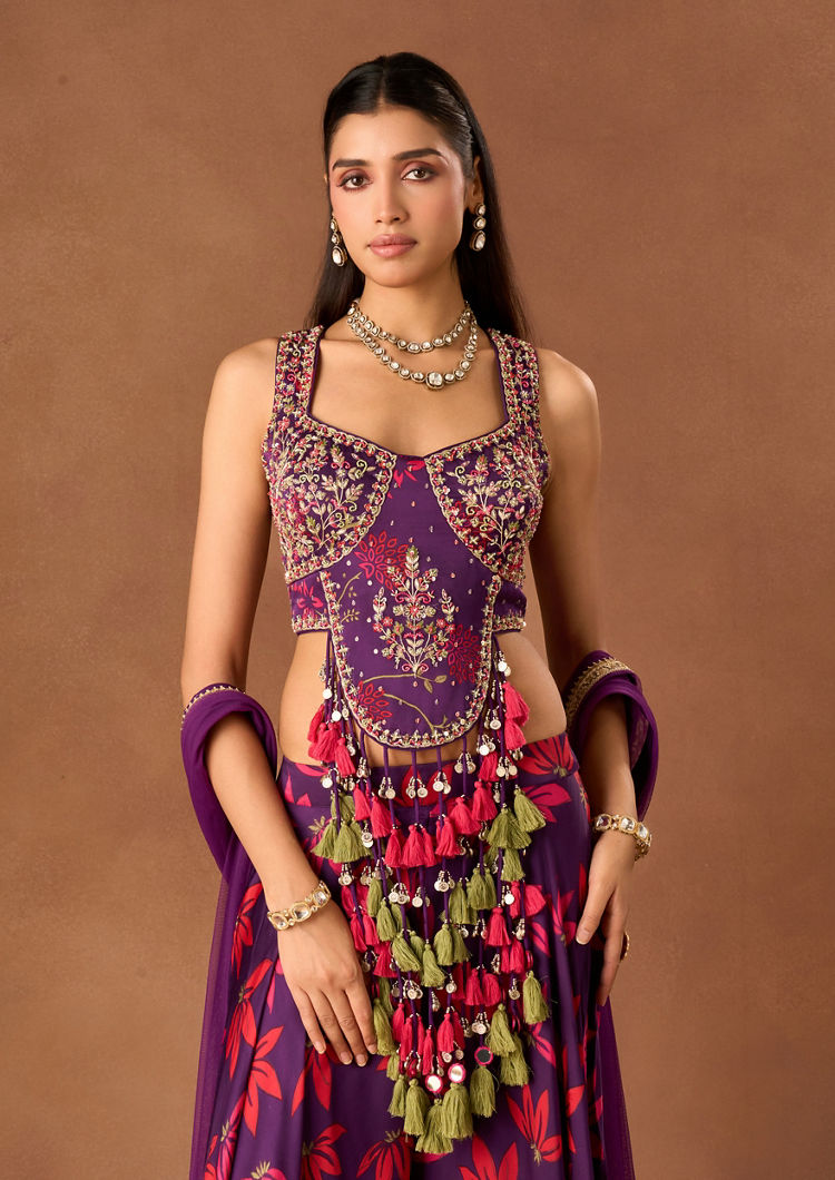 Twamev Women Purple Chinon Lehenga with Embroidery