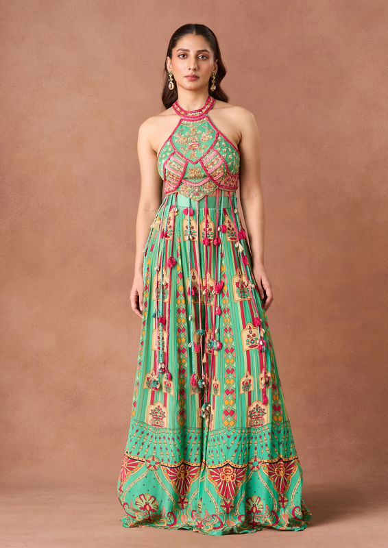 Twamev Women Jade Printed Embroidered Indo Western