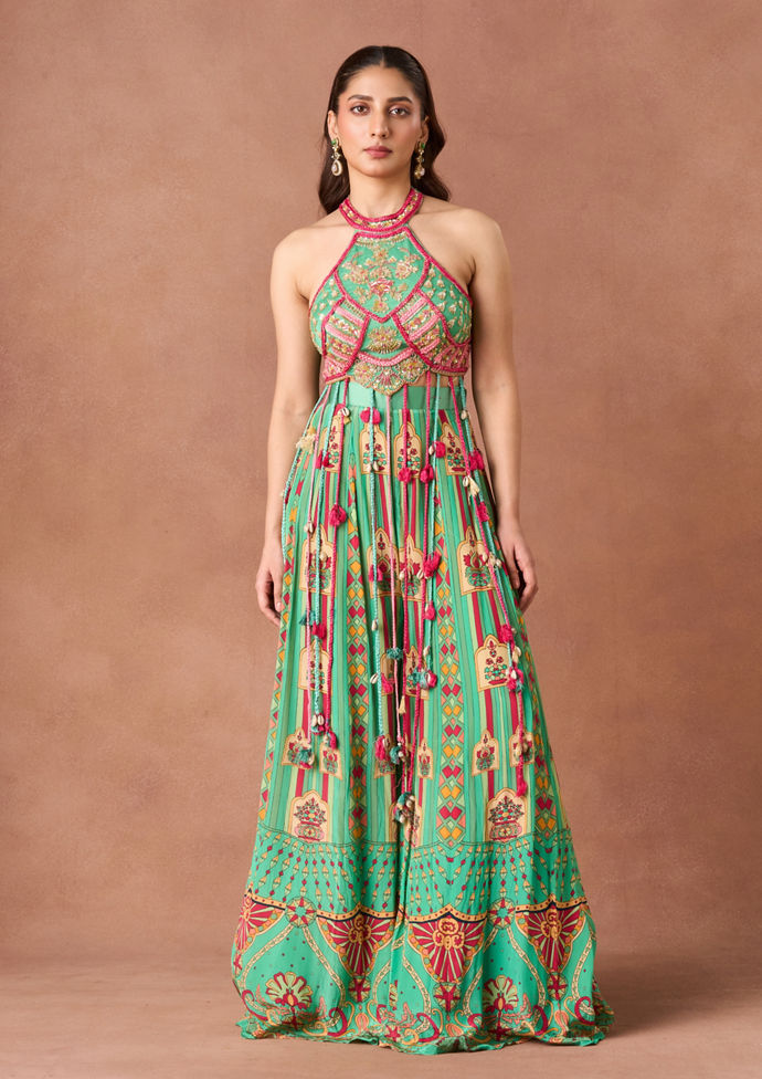 Twamev Women Jade Printed Embroidered Indo Western