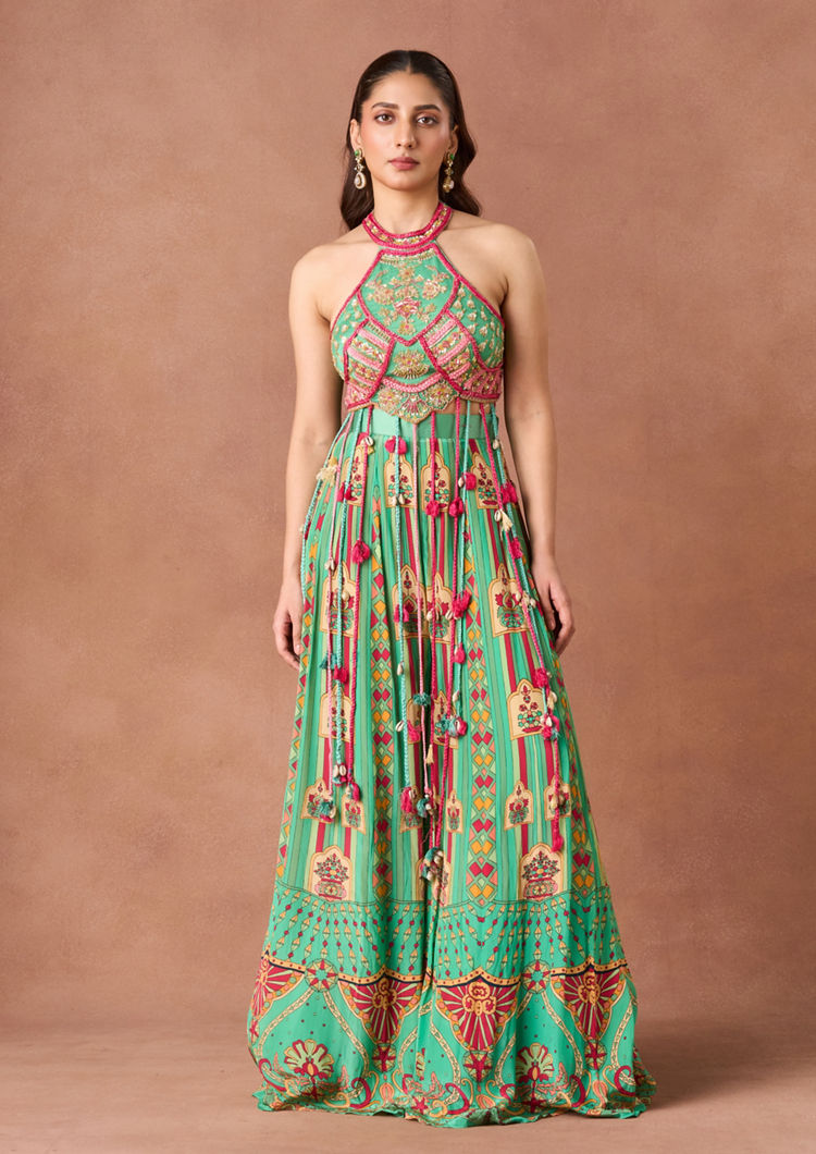 Twamev Women Jade Printed Embroidered Indo Western