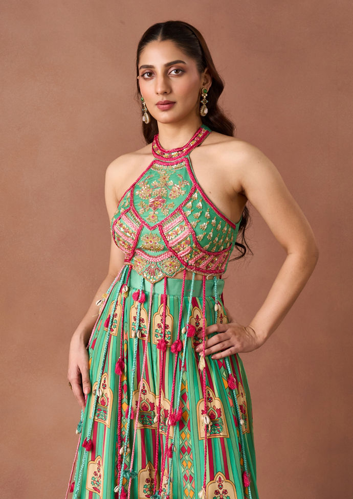 Twamev Women Jade Printed Embroidered Indo Western