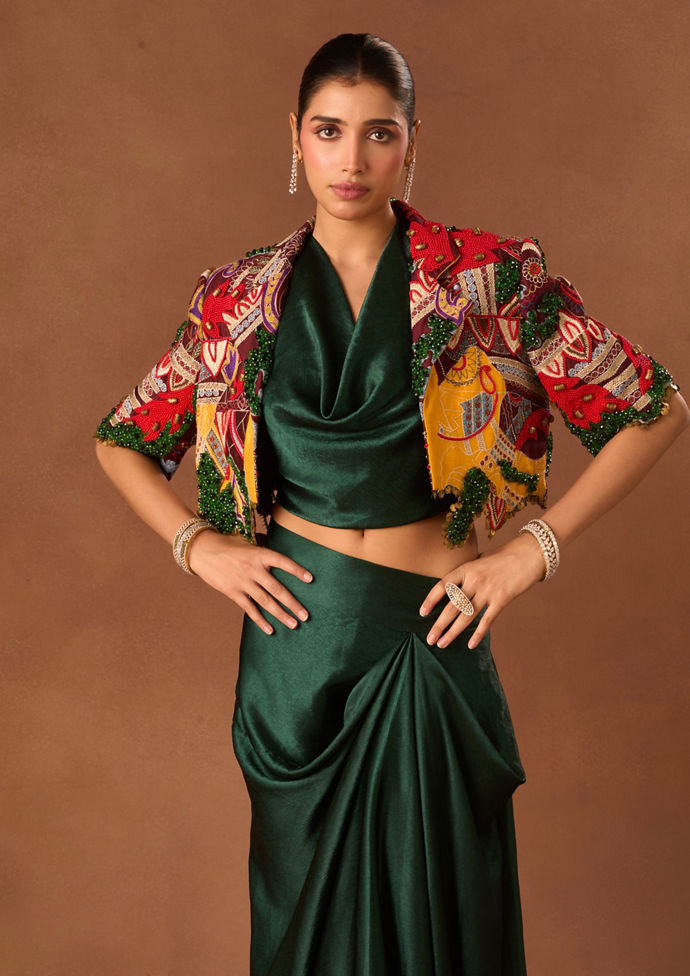 Twamev Women Green Art Silk Indo Western with Embroidery