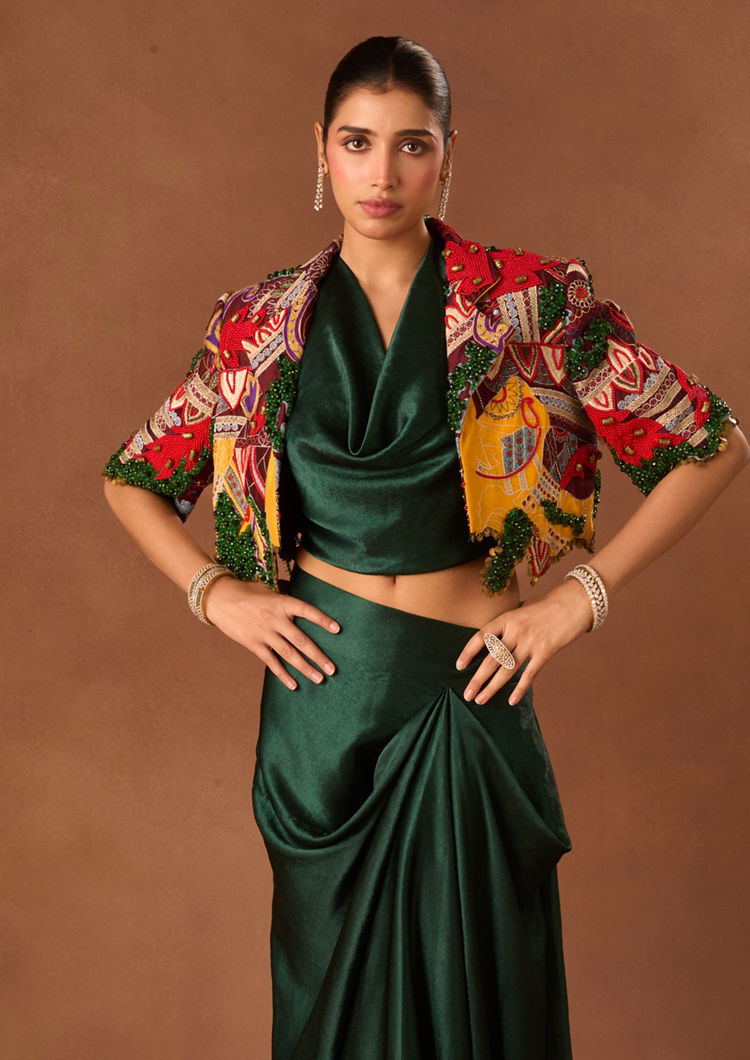 Twamev Women Green Art Silk Indo Western with Embroidery