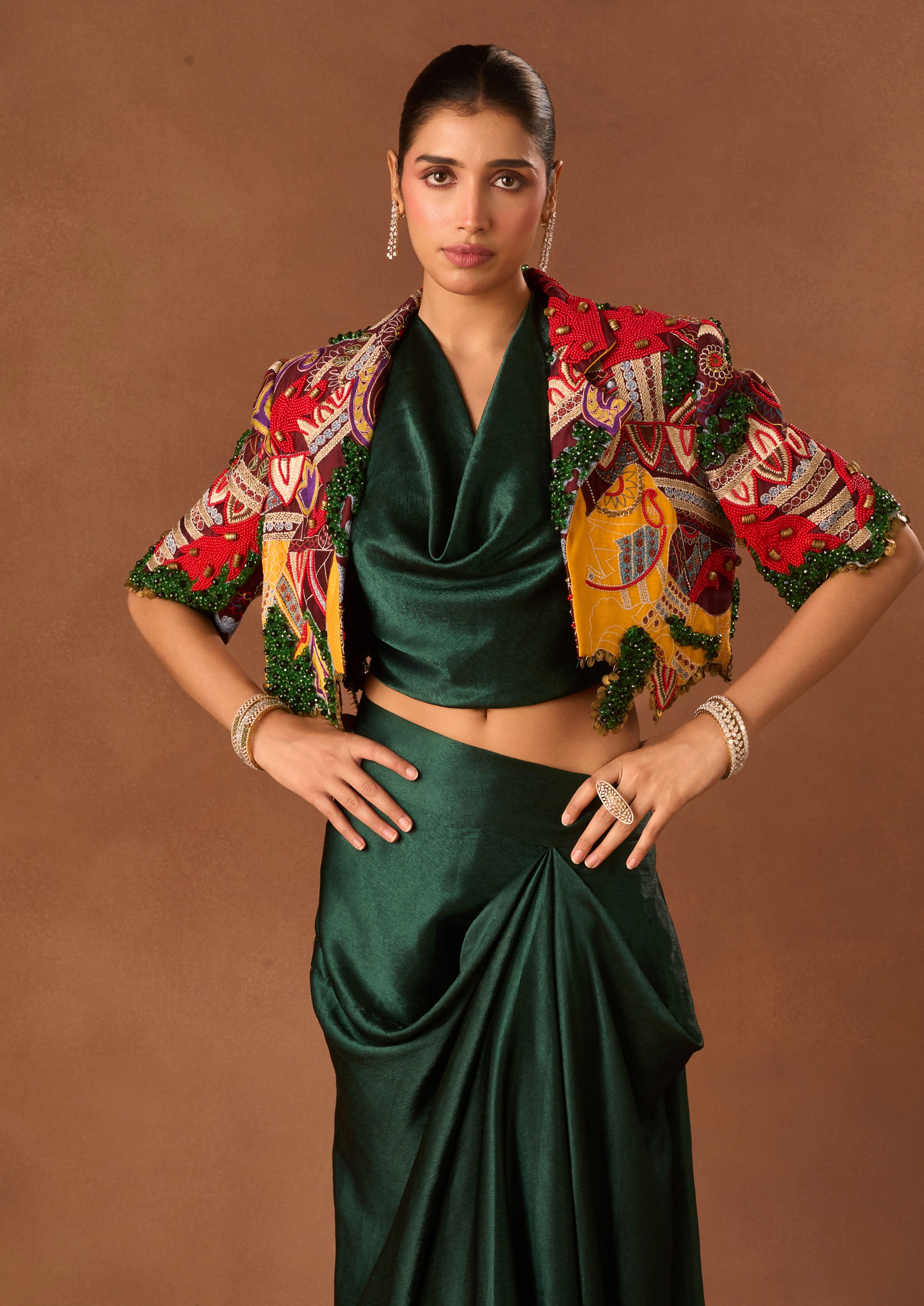 Twamev Women Green Art Silk Indo Western with Embroidery