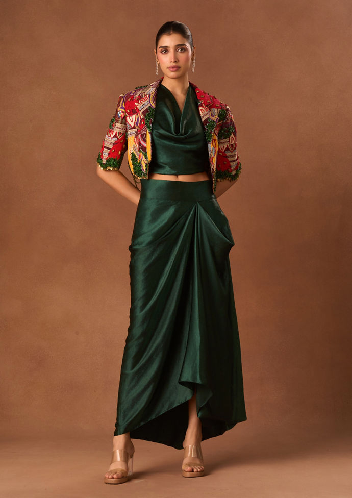 Twamev Women Green Art Silk Indo Western with Embroidery