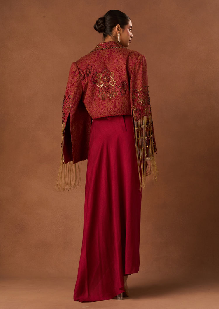 Twamev Women Red Art Silk Indo Western with Embroidery