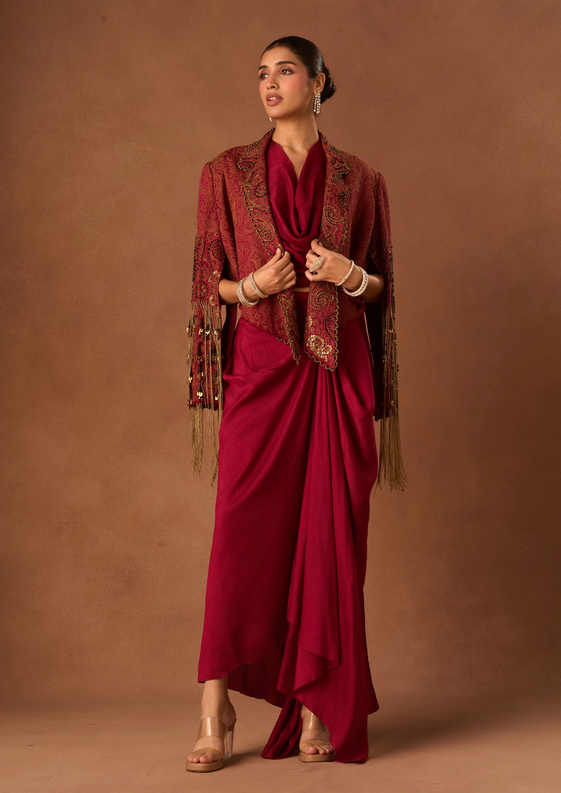Twamev Women Red Art Silk Indo Western with Embroidery